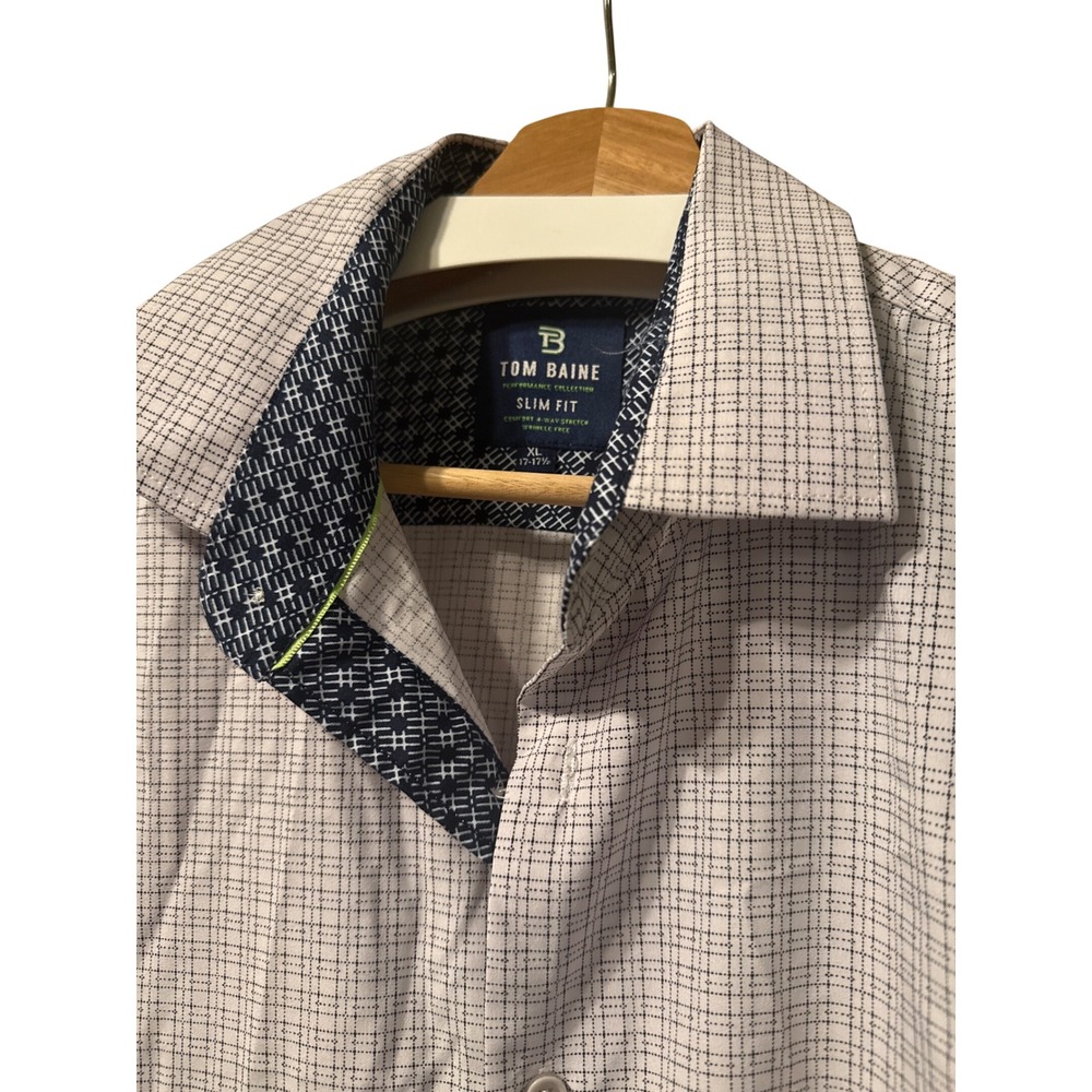 Tom Baine Men XL SlimFit Performance Shirt Navy White Grid 4Way Stretch Long Slv